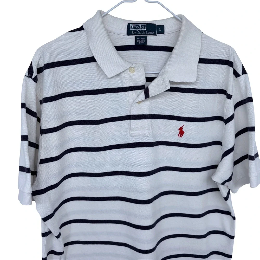 Vintage 90s Polo Ralph Lauren Striped Polo Shirt Large Men's White Navy Red Pony